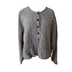 Vintage FLAX Gingham Button Down Long Sleeve Linen Blouse with Ruffle Bottom